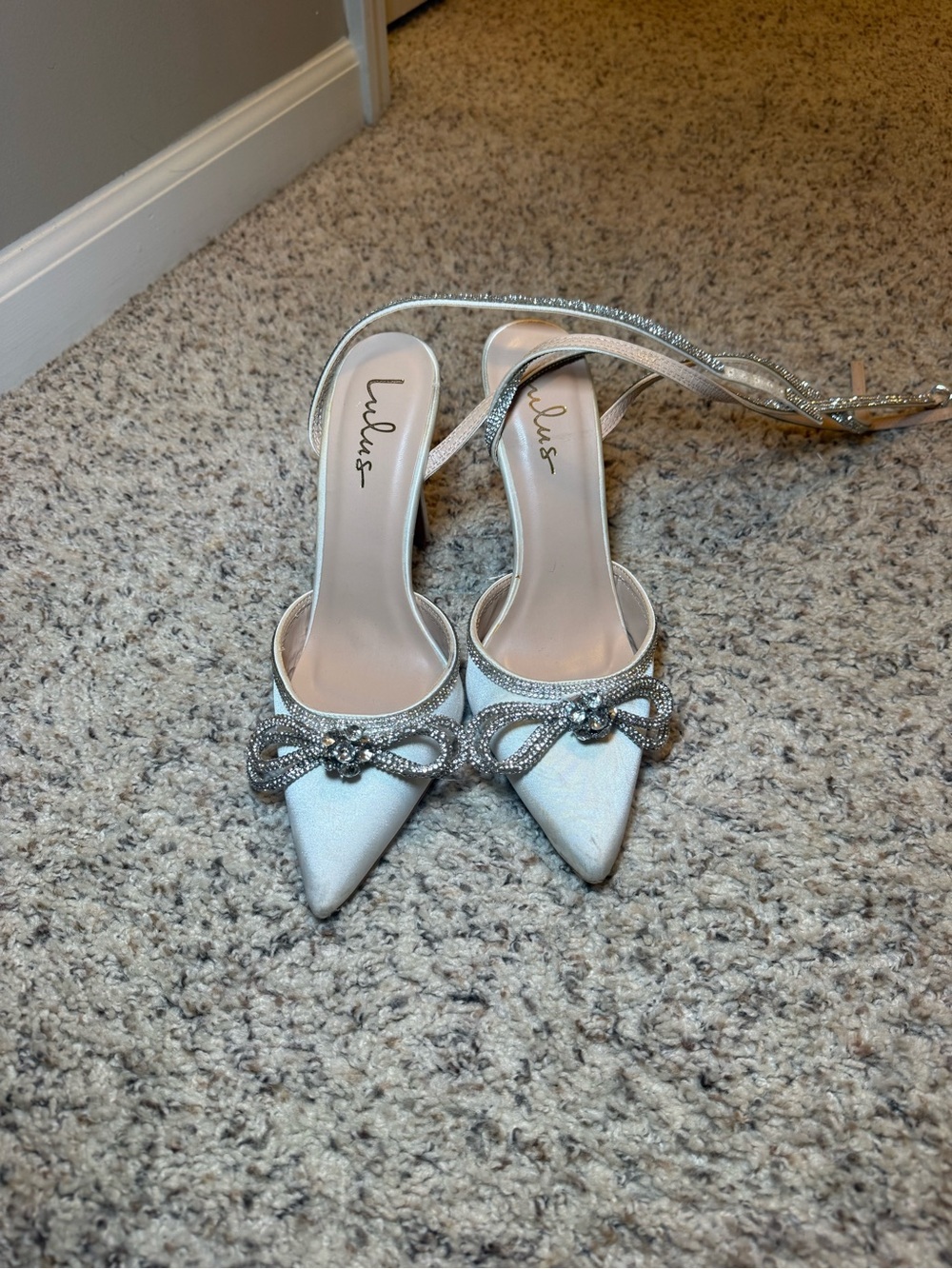 Lulu's White Satin Silver Rhinestone Pointed Wrap Clasp Heels Crystal Bow